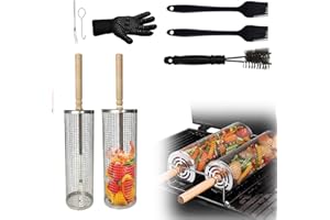 KATLKIU KATKLIU Set di Cestelli BBQ Rotanti in Acciaio Inox 304, 2 Pezzi con Manico in Legno Rimovibile, Design Impilabile, con Spazzola per Pulizia, Pennelli in Silicone e Guanto – Regalo per Uomo Campeggio