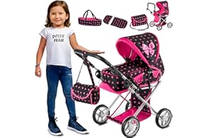 Kinderplay Dolls Pram | 3-in-1 Toy Pram | Baby Doll Pram - Toy Pushchair | Dolls Buggy | Dolls Pushchair | Doll Stroller with Adjustable Handle (36.5-64 cm), model KP0200R