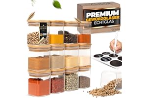 CLIDOR Gewürzgläser Eckig - 12 x 160ml Set, Erhöhte Glasstärke, Stapelbare Gewürzdosen mit Bambusdeckel, luftdichte Gewürzbehälter für die Küche, Spice Jars, übersichtliche Gewürzaufbewahrung