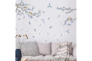Tanlaby Blauer Zweig Wandsticker Petal Vögel Floral Wandtattoo Selbstklebend Wandaufkleber Abnehmbare Wandkunst Aufkleber für Schlafzimmer Wohnzimmer Büros Sofa TV Hintergrund Wanddekoration