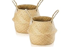 Lighterday 2 cestini portaoggetti in alga marina, con manico, in vimini di alghe marine, pieghevoli, per giocattoli, lavanderia, cestini rotondi per mensole (L 32 x 28 cm)