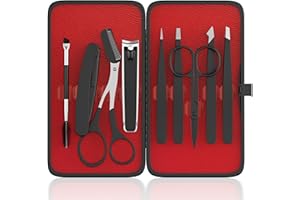 ESSBES Pinzas para Depilación Facial para Mujer, Kit de Cejas 9 en 1 con Pinzas, Tijeras Recortadoras, Maquinilla, Cepillo con Estuche de Viaje de Cuero, Herramientas de Belleza Diarias