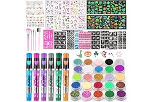 TEUVO 25 Colori Set di Tatuaggi Glitter con 225 Stencil, 6 Penne, 2 Fogli Strass, 5 Pennelli, 20 Fogli Stili Misti Modelli di Tatuaggi, Tatuaggi Temporanei per Bambini Natale Compleanno Halloween