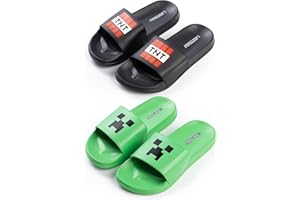 Minecraft Creeper & TNT-Slider in Grün und Schwarz | Freizeitschuhe für Jungen | 2er-Pack Slider mit Creeper-Gesicht und TNT-Spielelement Merch