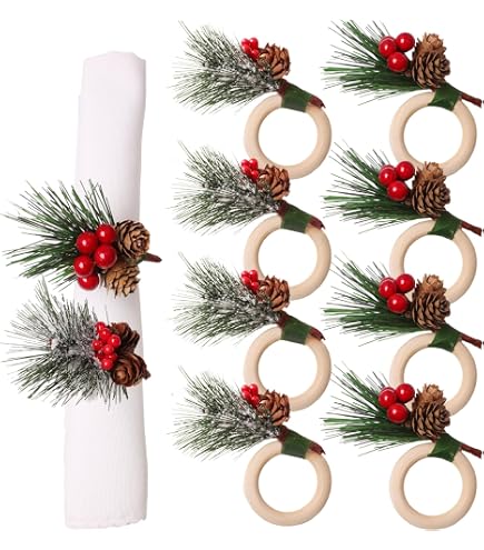 6 Anneaux De Serviette De Noël En Bois Et PE - Motif Pommes De Pin Et Baies Rouges - Décoration De Table Festive