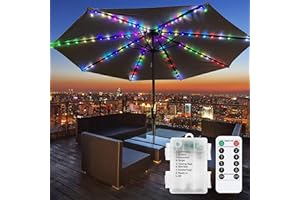 DINOWIN lumières pour parasol de jardin Batterie 104 LED Étanche Chaîne Lumineuse pour Parasol 8 Modes lumière parasol extérieur avec Télécommande pour jardin, camping (Multicolore)