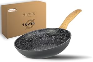 ‎DIVORY DIVORY Bratpfanne 16cm kein Induktion – Antihaft Beschichtete kleine Universalpfanne für alle Herdarten - Sichere Griffe (Helles Holz, 16cm)