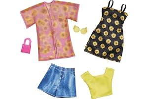 Barbie Fashions 2-Pack, 2 Outfits & 2 Accessories: Shirt, Shorts & Kimono, Sleeveless Sunflower Dress, Purse & Sunglasses, Ki