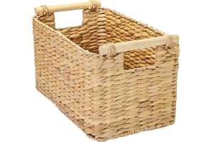 HMF Badrumsförvaringskorg, vävd vattenhyacintkorg med trähandtag, 37 x 22 x 20 cm