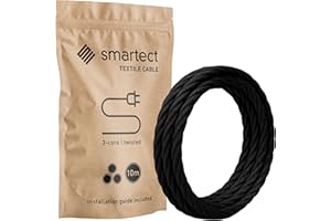 smartect Cavo Elettrico Tessile intrecciato Nero, 10 Metri Filo Elettrico Vintage, Tripolare (3 x 0.75mm²) Cavo Elettrico Rivestito in Tessuto per Fai da Te