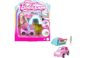 Barbie Mini BarbieLand Doll & Toy Vehicle Set with 1.5-inch Barbie Doll, Color-Change SUV & Tent Accessory, HYF43