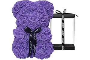 DuHouse Rose Bear Rose Teddy Bear Flower Gift Black Box per San Valentino Anniversario Festa della Mamma Natale, Compleanni Bridal Showers Completamente realizzato a mano 25,4 cm Flower Bear(Viola)