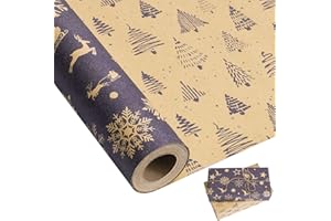 Larcenciel Rollo Papel Regalo Navidad, Papel de Regalo Reversible con Árbol de Navidad, Copo de Nieve y Alce, Papel Kraft Vintage Papel Envolver Doble Cara para Navidad, Fiesta, Vacacione, 43CMx10M