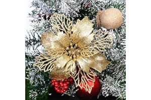 GLITZFAS 12 Stück Glitter Weihnachtsbaum Dekoration, Weihnachtsbaumschmuck Ornament Weihnachten Blumen Dekor, Christbaumanhänger (Gold,9 cm)