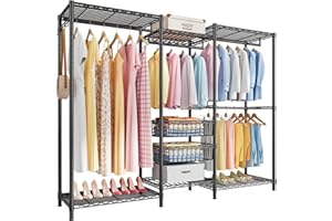 Solerconm Portant à Vêtements, Porte-vêtements avec Étagères à Chaussures et Paniers, Porte-manteau Rangement Vêtement Charge 320KG, 155 * 40 * 182CM, Montage Facile，Noir