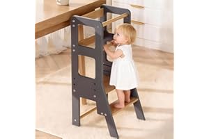 EULEUY Toddler Learning Tower,Kitchen Wooden Step Stool for Kids,Adjustable Height,Safety Bar,Learning Standing Tower,Bathroom Helper Montessori,Easy to Install,Triangle Stable Structure,Dark Grey