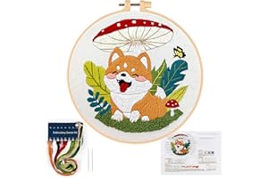 JSRQT Kit per Principianti Ricamo Starter Kit Cuccioli con Motivo a Fungo, Kit per Principianti per Punto Croce per Adulti, Kit per Ricamo a Mano Fai da Te con Istruzioni, Telaio da Ricamo, Ago e Fili