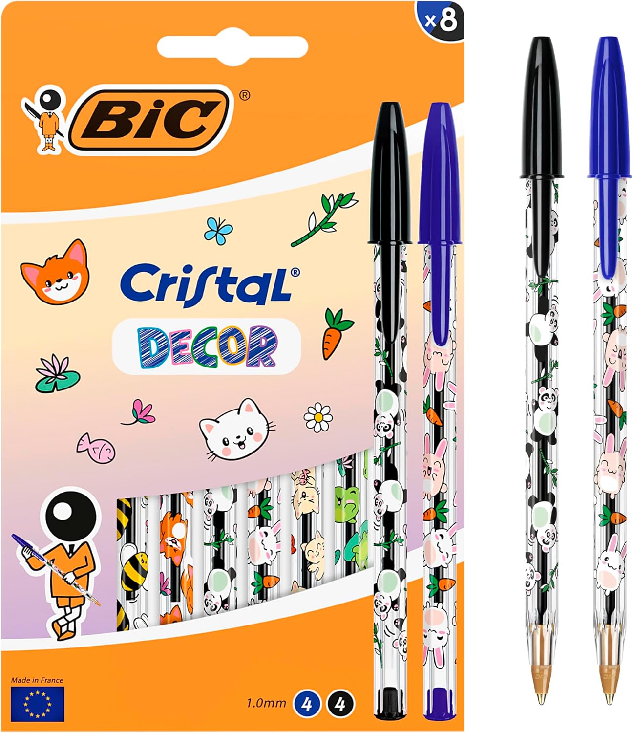 BIC Cristal Decors Kawaii Bolígrafos de Punta Media (1,00 mm), Tinta Azul y Negra - Diseños Kawaii Surtidos, Pack de 8
