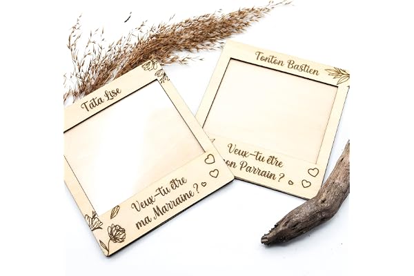 Lot de 2 magnets en bois polaroid annonce Parrain Marraine, texte personnalisé, idée cadeau tonton tata, décoration champêtre, souvenir, plusieurs formats adaptés