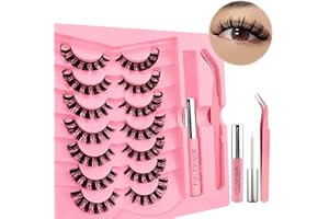 HERACKS 7 Paare 3D Russische Falsche Wimpern Katzenauge with Glue and Tweezer Kit, Flauschiges Volumen D Curl Cat-Eye Künstliche Wimpern Natürlich Look, Curly Faux Mink Make-up-Wimpern Set(S011-Kit)