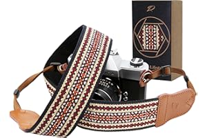 Padwa Lifestyle Kameragurt - 2" breiter Vintage-bestickter Baumwoll-kameragurte mit Rindsleder-Enden, kann als Gurt für alle Kameras, Fernglasgurt und Drohnenfernbedienungsgurt - Geschwindigkeit Rot