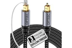 opteec® - Câble Optique Audio - 3M - Câble Optique Audio Toslink pour HOME CINEMA, BARRE DE SON, TV, SAMSUNG, BOSE, LG, SONY, SONOS, PS4, XBOX - Nylon Tressé Renforcé - Connecteur Plaqué Or (3M)