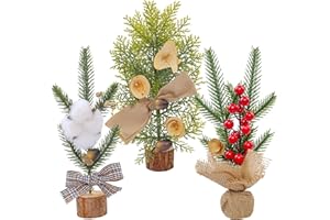 BACUCINE Mini choinki, dekoracje świąteczne, sztuczne drzewa z czerwonymi jagodami, bawełniane liście sosny, mała choinka do biura, na imprezę, dekoracja bożonarodzeniowa