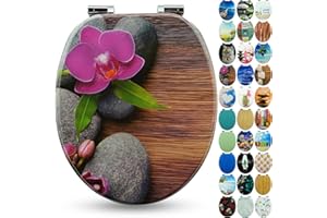 Sanfino® Premio Sedile WC ammortizzato - Copriwater Universale di alta qualità in legno, tanti motivi colorati, seduta comoda, facile da montare con istruzioni di montaggio incluse - "Orchid"