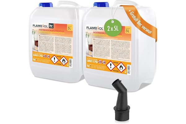 Höfer Chemie 2 x 5 L (10 litres) FLAMBIOL® Bioéthanol 96,6% Premium pour Cheminée, Feu de Table à l'éthanol