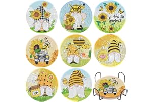 SOEWIOU Diamond Painting Coasters with Holder, 8 Pcs DIY Sunflower Dwarf Art Coasters Kits Round Full Drill Diamond Art Craft Supplies for Adults Kids,Beginners