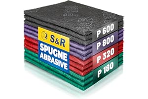 S&R 12 Spugne Abrasive Grandi per Metallo Legno Acciaio inox per Cucina o Fai-da-te. Carta Vetrata a Grana fine e grossa : 180/320 / 600/800. Pacco da 12 pz