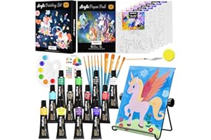 Nicpro 34PCS Painting Set with Pattern Canvas, Art Painting Supplies Kit with 12 Acrylic Paints,10 Brushes,6 Canvas Panels,Table Easel,Paper Pad,Color Wheel,Palette for Beginner Student Toddlers