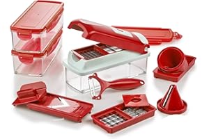 Genius Mandoline Nicer Dicer Smart 16en1 Multifunction Professionelle Rouge - Coupe-légumes avec Grilles de découpe, Poussoir, Rabot, Eplucheur | dés, bâtonnets, tranches, Spirales