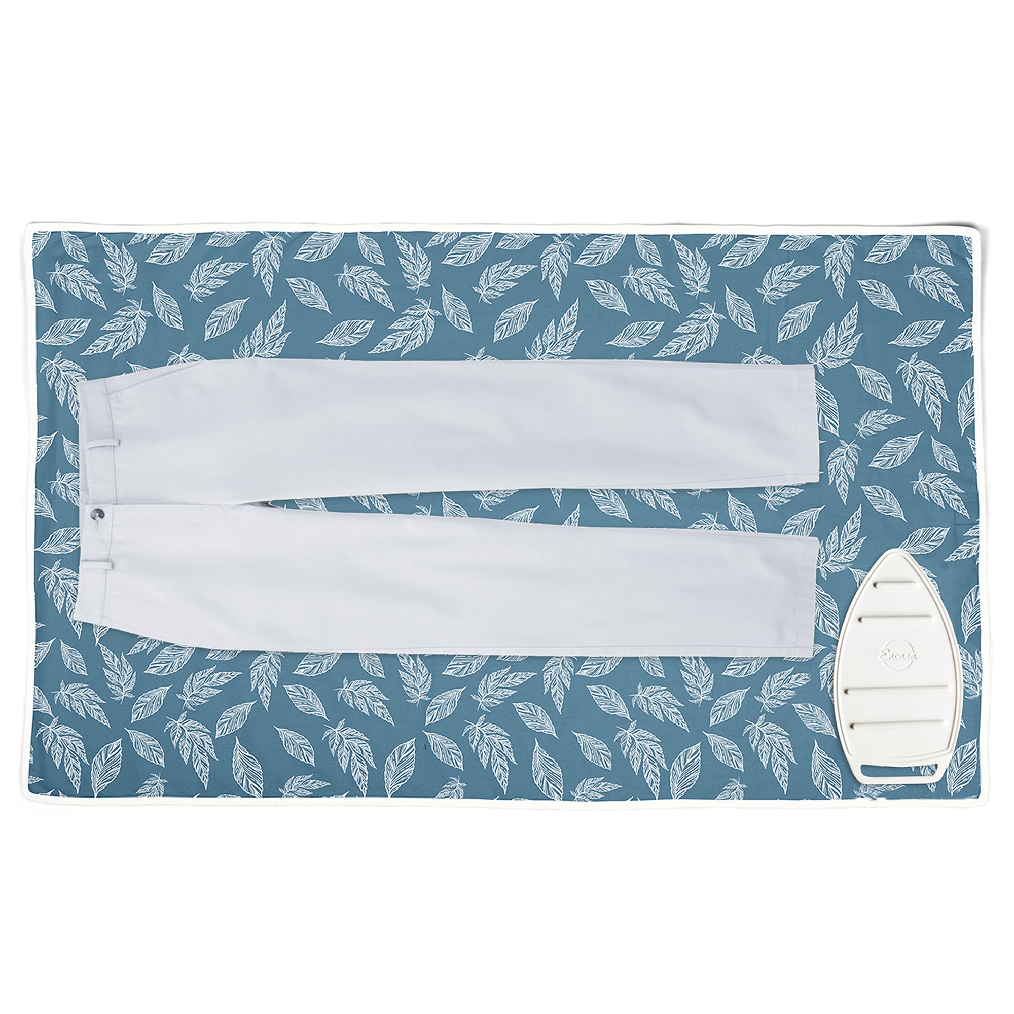 Encasa XO Ironing Mat (Small 70x50 cm) with 3mm Felt Padding, Silicone Iron Rest Protector, Steam Press on Table, Bed, Portable, Heat Reflective, Foldable, Washable, Printed - Big Leaves Blue