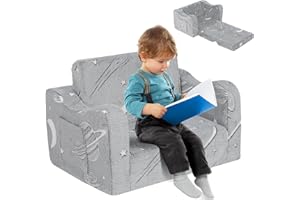 Kidirect Kindersofa Ausklappbar 2 in 1, Kinder Sofa Kinderzimmer aus Samt mit Schaumstoff, Kindercouch Kindersofa mit 8CM dicken Armlehnen, Sofa Kinder für Kuschelecke Kinderzimmer, Grau Sternenflug