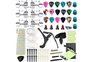 YUMZECO Kit Accessoire Guitare, TTCR-II 84 Pièces avec chevilles de réglage de guitare acoustique,15 Mediator,3 set Cordes Acoustique, Accordeur, Mediator Pouce, Bridge etc