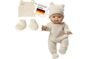 Heless 4801 - Puppenkleidung aus 100% Bio-Baumwolle, 2-teiliges Strickset mit Bommelmütze und Strickschuhen in Ecru für Puppen und Kuscheltiere der Größe 28-35 cm