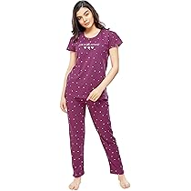 Buy ZEYO Night Suit for Women's Maroon Printed Cotton Night Dress