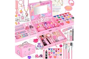 NEMMXUB Kit de Maquillage Enfant - 68 Pcs Cosmétiques Sûrs et Non Toxiques - Coffret Jouets Fille Cadeau de Noël Anniversaire 5+ Ans