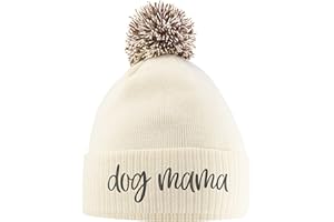 Purple Print House Dog Mama Bobble Hat, Dog Walking Accessories Birthday Gifts for Dog Mum Warm Winter Knitted Beanie Hat with Faux Fur Pom Pom for Womens Girls Mothers Day, One Size, Off White/Mocha