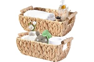 OUTBROS Aufbewahrungskorb Regalkorb aus Wasserhyazinthe, geflochten Körbe für die Organisation mit Holzgriff, 2er Set dekorative Organisationsbox für Arbeitsplatte, Toilettenpapierkorb für Toilette
