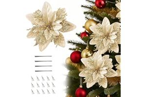 AONAT 12 Pezzi Fiori di Natale Artificiali con Clip, 14 Cm Fiori Artificiali Natalizi, Fioris Poinsettia Glitter per Albero di Natale Ghirlanda Decorazioni Natalizie, Addobbi Natalizi (Oro)