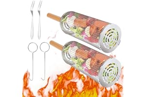 WIXBFYN 2 pcs roller BBQ grill basket with wooden handle,large capacity(2.3L and 1.8L),portable stainless steel barbecue cooking accessories for meat,fish,and vegetables outdoors or camping,BBQ Tools