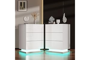 Chleby Juego de 2 Moderna Mesita de Noche de Alto Brillo, Mesita de Noche con Tira LED Blanco Mesillas de Noche con 3 cajones para Dormitorio, Sala de Estar