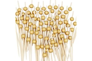 EuTengHao Lot de 300 pics à cocktail en bambou de 12 cm pour apéritifs, desserts, boissons, charcuterie, fête d'anniversaire, fête de mariage, cure-dents fantaisie avec perle dorée