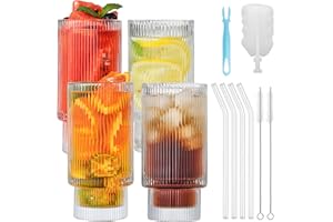 HMJIA 4 Vasos Acanalados con Pajita de Cristal 500 ml Para Cócteles Whisky Cerveza Café Helado Refrescos Zumos