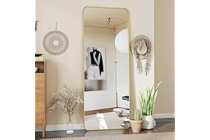 ‎KOONMI Koonmi Standspiegel mit abgerundeten Ecken, 53 x 163 cm runden Ecken Ganzkörperspiegel mit Ständer, großer Fußboden Standspiegel Ganzkörperspiegel Wand Hänger für Schlafzimmer, Wohnzimmer, Gold