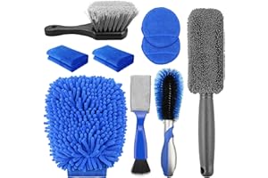 PRECIVA 9 Pcs Car Cleaning Kit, PreicvaCar Detailing Kit withTyre Hard Brush, Car Washing Kit with Wheel Brush,Coral Worm Gloves, Handkerchiefs, Waxing Discs