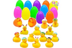 JOYIN 12 PCs Filled Easter Eggs with Rubber Duck Duckies, Bright Colorful Easter Eggs Prefilled with variety of Yellow Duckies for Fun Bath