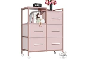 Adoture Chest of Drawers with Shelf, Storage Dresser for Bedroom with 5 Fabric Drawers, Pink Bedside Table with 4 Castors, Organizer Unit for Living Room, Closet, Kids Room, Wood Top and Metal Frame